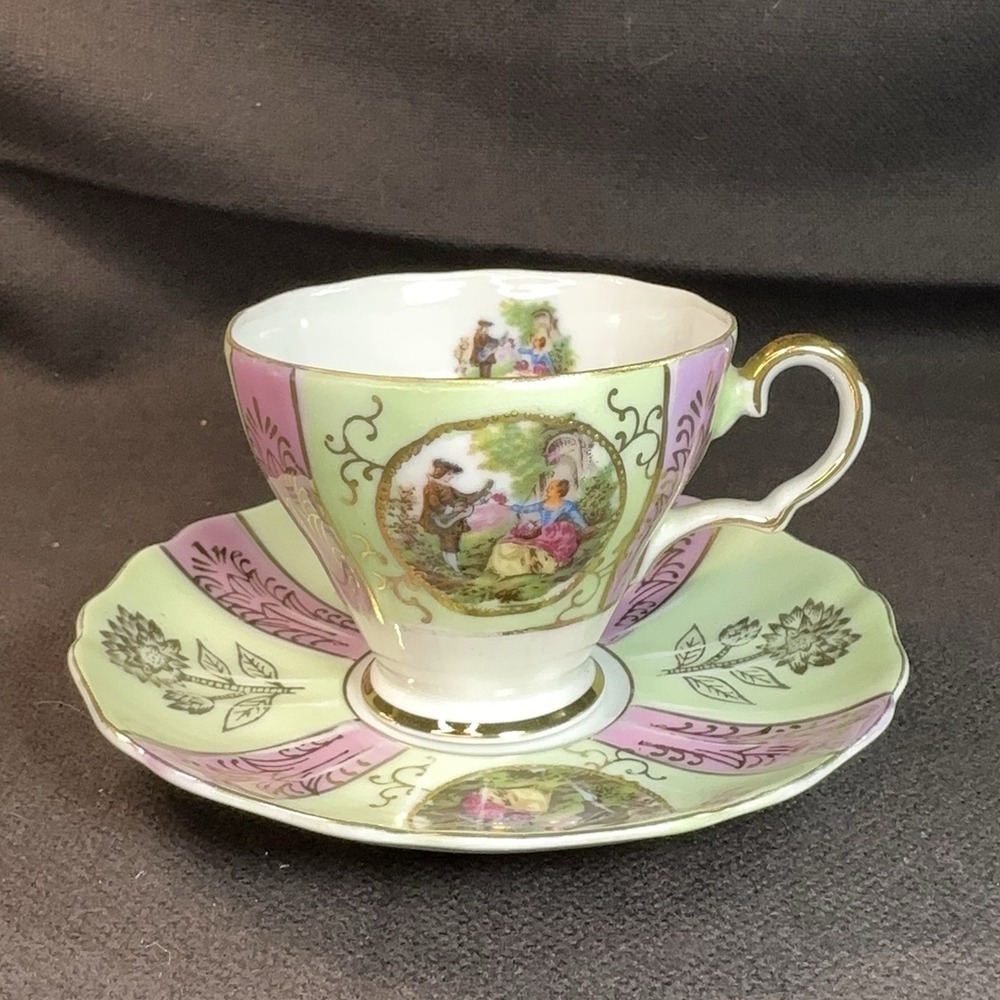Vtg Fragonard Courting Couple Tea Cup Saucer Lime Green Pink AS-IS Shabby Chic - Picture 1 of 16